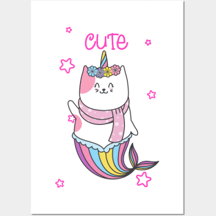 cat unicorn mermaid Posters and Art